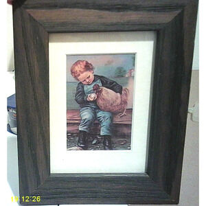 Vintage "Did You Lay Dis Egg" Little Boy Holding Chicken Framed Print Picture